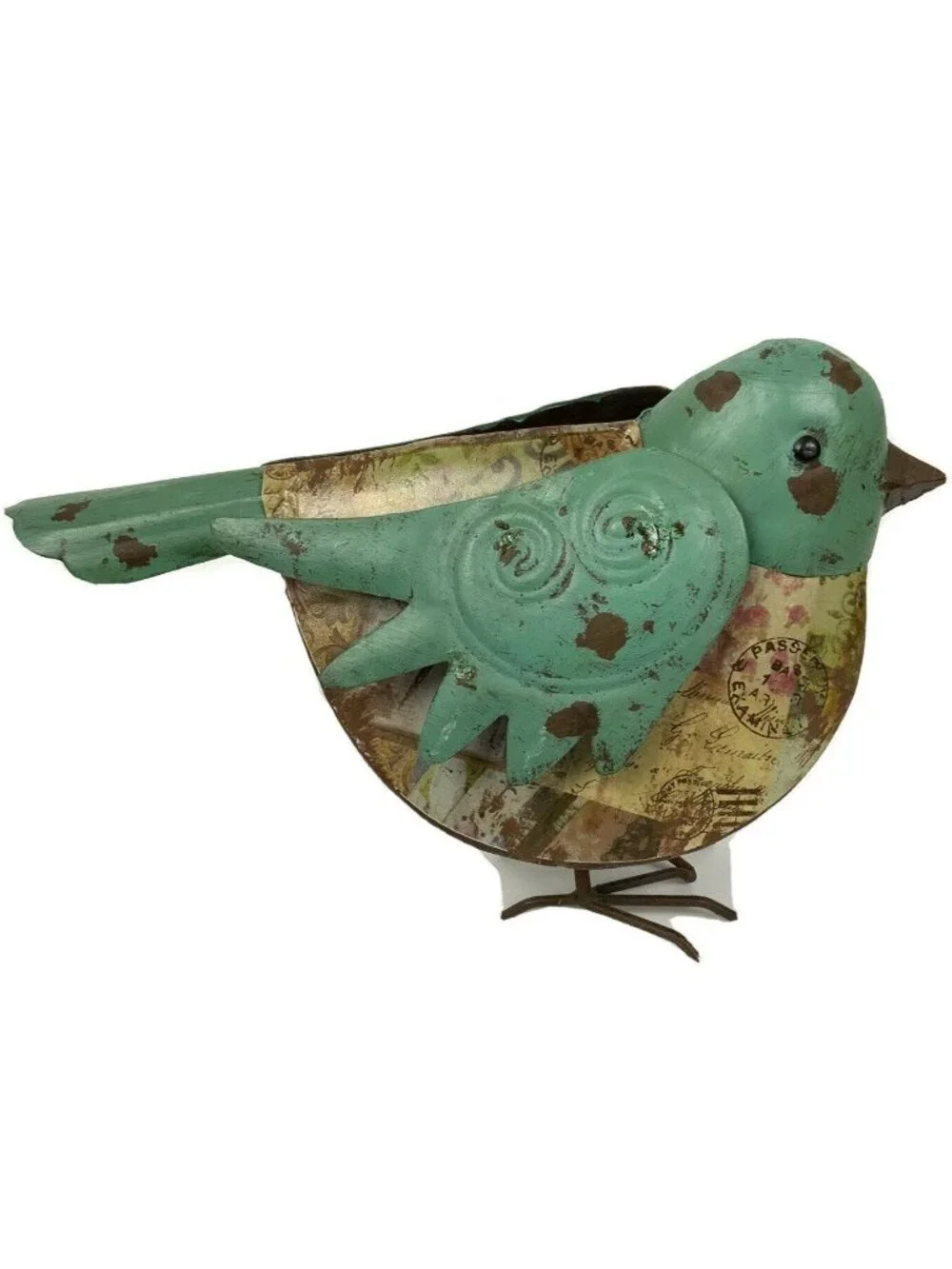 Metal Bird Figurine Whimsical Indoor Outdoor Decor Turquoise Brown